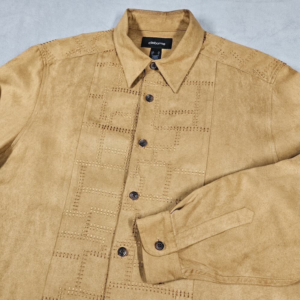Vintage Claiborne Faux Suede Shirt Men’s XL Brown Tan Button Front Western Disco